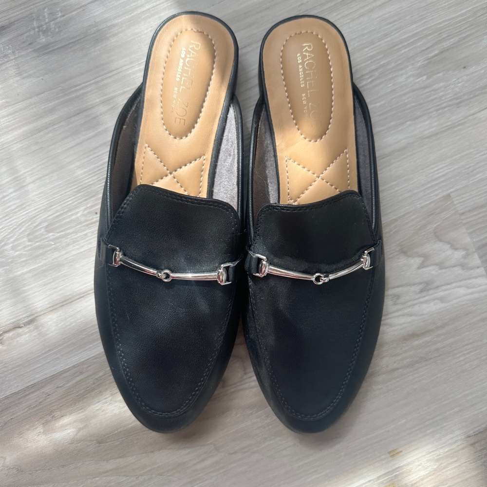 Rachel Zoe Black Leather Backless Loafers with Silver Bit
